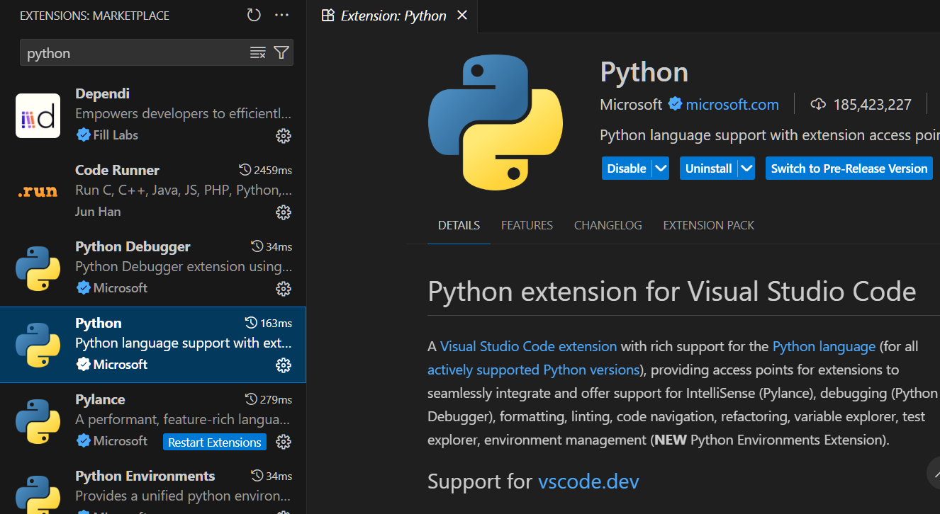 VSCode 扩展市场中的 Python